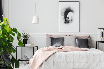 Pink blanket in feminine bedroom - obrazy, fototapety, plakaty