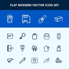 Modern, simple vector icon set with time, environment, gift, construction, clock, file, grass, present, bag, nature, mail, white, folder, food, forest, shovel, computer, material, paint, phone icons