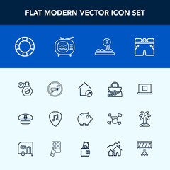 Modern, simple vector icon set with bank, style, perfume, home, guitar, tobacco, shorts, no, water, musical, increase, leather, pump, property, internet, summer, technology, fashion, cap, bag icons