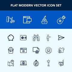 Modern, simple vector icon set with fashion, message, white, finance, music, uniform, wheel, handle, certificate, atv, communication, musical, achievement, guitar, chef, computer, professional,  icons