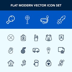 Modern, simple vector icon set with ambulance, sale, bag, shield, equipment, work, weapon, chicken, grizzly, security, sign, power, thermometer, stationery, tag, sword, snorkel, protection, mask icons