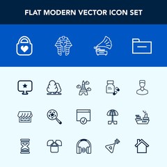 Modern, simple vector icon set with record, file, avatar, nature, vintage, health, business, pharmacy, leather, shop, profile, tree, find, storage, computer, search, france, object, human, music icons