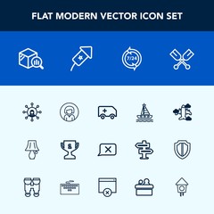 Modern, simple vector icon set with switch, aircraft, closed, operator, rescue, ambulance, award, lamp, emergency, table, airplane, lady, communication, canoe, water, young, ocean, report, place icons