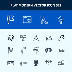 Modern, simple vector icon set with screwdriver, shoe, sea, ufo, nation, communication, camp, military, space, person, axe, outdoor, adventure, instrument, information, chat, flag, music, high icons