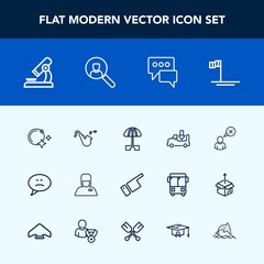 Modern, simple vector icon set with sun, science, laboratory, web, musical, ocean, star, uniform, people, baja, biology, sky, message, shipping, showing, finger, microscope, lorry, moon, account icons