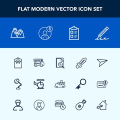 Modern, simple vector icon set with interior, knight, road, zoom, blade, pencil, email, list, helicopter, write, dumper, light, map, education, truck, electricity, sword, aircraft, phone, send icons