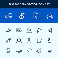 Modern, simple vector icon set with service, lorry, supermarket, bomb, chessboard, strategy, list, home, house, vehicle, truck, tipper, money, shipping, hand, transport, transportation, online icons