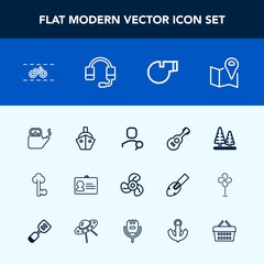 Modern, simple vector icon set with travel, vintage, account, tree, name, hot, nature, web, computer, old, musical, kitchen, guitar, ship, location, map, music, fan, white, boat, forest, kettle icons