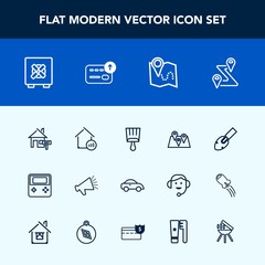 Modern, simple vector icon set with technology, transportation, sound, map, voice, transport, lock, finance, travel, paintbrush, currency, vehicle, real, estate, arrow, car, home, web, button icons