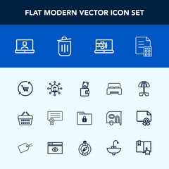 Modern, simple vector icon set with display, garbage, technology, security, dollar, parasol, trash, shop, recycling, banking, success, money, lock, market, umbrella, safety, bin, business, can icons