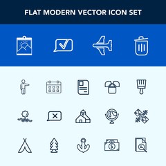 Modern, simple vector icon set with calendar, chat, airplane, construction, photo, picture, people, identity, schedule, landscape, hand, frame, travel, bin, garbage, building, time, brush, sun icons