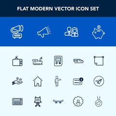 Modern, simple vector icon set with train, necklace, coin, loud, money, web, railway, bank, vintage, estate, screen, finance, staff, worker, team, transportation, retro, love, people, gramophone icons