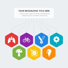 Flat geometric health, sports, nature infographic steps template with 7 options for presentations, advertising, annual reports