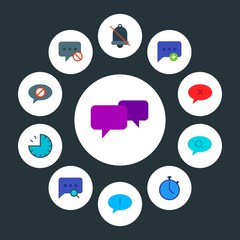cloud and networking, chat and messenger, time Infographic Circle flat Icons Set. Contains such Icons as  problem,  bubble,  create,  clock, error,  smartphone and more. Fully Editable. Pixel Perfect