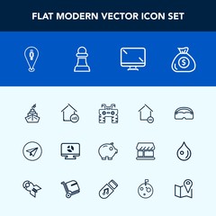 Modern, simple vector icon set with screen, wheel, finance, chess, money, apartment, strategy, dirt, digital, cash, web, communication, real, , internet, quad, infographic, home, email, map, atv icons