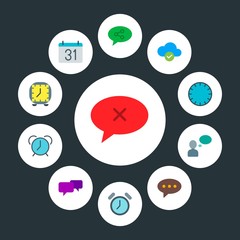 cloud and networking, chat and messenger, time Infographic Circle flat Icons Set. Contains such Icons as people,  network,  watch,  hour,  month, message,  talk and more. Fully Editable. Pixel Perfect