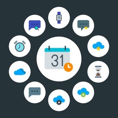 cloud and networking, chat and messenger, time Infographic Circle flat Icons Set. Contains such Icons as  alarm,  mobile, cloud,  weather,  stopwatch,  hour and more. Fully Editable. Pixel Perfect