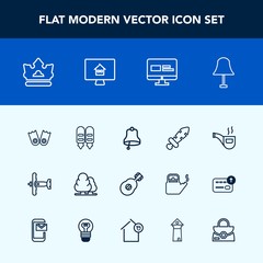 Modern, simple vector icon set with weapon, pipe, light, plane, property, electricity, forest, website, ring, vintage, crown, white, knight, alarm, web, summer, lamp, musical, sword, royal, tree icons