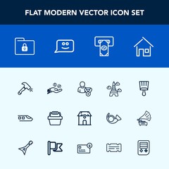 Modern, simple vector icon set with finance, chat, brush, machine, file, hand, transport, landmark, money, france, paintbrush, paint, smile, lock, basket, tower, business, architecture, security icons