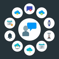 cloud and networking, chat and messenger, time Infographic Circle flat Icons Set. Contains such Icons as  close,  year,  mobile,  network,  watch, alarm,  page and more. Fully Editable. Pixel Perfect
