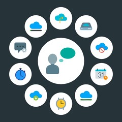 cloud and networking, chat and messenger, time Infographic Circle flat Icons Set. Contains such Icons as  bubble,  internet,  countdown, time, data,  pressure and more. Fully Editable. Pixel Perfect