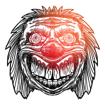 Blackwork adult flesh tattoo concept of devil clown head inspired by nightmare and satanic influence. Scary clown face with smile. Possessed by demon smiling mascot. Vector.