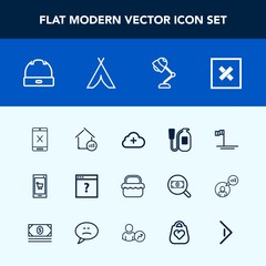 Modern, simple vector icon set with picnic, food, hat, phone, subscription, park, business, cancel, electricity, closed, estate, safety, head, grass, mobile, online, house, blue, danger, web icons