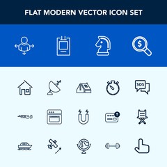 Modern, simple vector icon set with building, home, antenna, sign, time, strike, construction, dish, chess, hobby, sport, concept, sos, travel, watch, architecture, danger, internet, food, place icons
