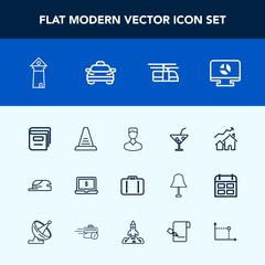 Modern, simple vector icon set with airport, drink, property, computer, famous, cocktail, transportation, home, laptop, luggage, baggage, increase, infographic, europe, tower, concept, summer icons