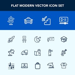 Modern, simple vector icon set with science, lorry, night, button, player, box, internet, way, location, rocket, truck, chair, shuttle, downstairs, room, comfortable, upstairs, pin, map, launch icons