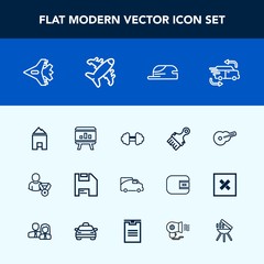 Modern, simple vector icon set with paint, car, fast, jetliner, airplane, exercise, brush, house, template, vehicle, transportation, barbecue, guitar, music, hat, computer, van, transport, sport icons