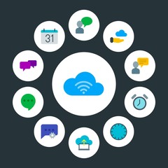 cloud and networking, chat and messenger, time Infographic Circle flat Icons Set. Contains such Icons as  wake,  day,  network,  minute,  phone,  mobile,  alarm and more. Fully Editable. Pixel Perfect