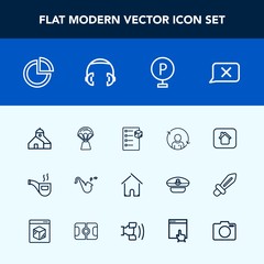 Modern, simple vector icon set with construction, urban, lot, sky, package, house, road, estate, balloon, music, graph, jazz, tobacco, cargo, architecture, chart, travel, building, bugle, pipe icons