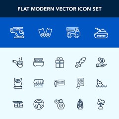 Modern, simple vector icon set with bedroom, businessman, box, present, air, classic, gun, vehicle, dollar, panzer, war, money, curtain, interior, vintage, double, package, owl, investment, pipe icons