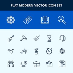 Modern, simple vector icon set with web, trumpet, transportation, jazz, sound, sand, hour, money, equipment, online, musical, investment, microphone, construction, ship, technology, nautical icons