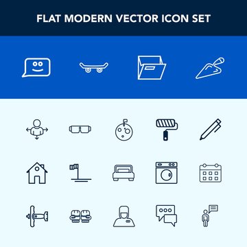 Modern, simple vector icon set with astronaut, fashion, road, sun, direction, pencil, write, house, bed, estate, moon, roll, tool, construction, beach, paint, chat, place, space, planet, hand icons