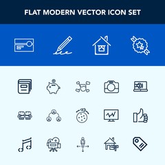 Modern, simple vector icon set with handle, music, equipment, hierarchy, fight, library, education, competition, video, cassette, boy, communication, money, structure, call, building, internet icons