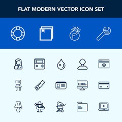 Modern, simple vector icon set with equipment, web, document, saw, button, drop, fahrenheit, profile, name, temperature, construction, comfortable, male, scale, job, employer, people, business icons