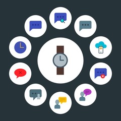 cloud and networking, chat and messenger, time Infographic Circle flat Icons Set. Contains such Icons as  network,  communication,  door,  phone,  timer,  mail and more. Fully Editable. Pixel Perfect