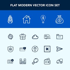 Modern, simple vector icon set with financial, map, vehicle, home, property, support, pin, vintage, file, service, protect, operator, transportation, traffic, present, business, bank, real, box icons