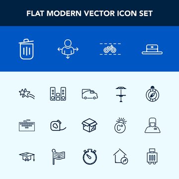Modern, simple vector icon set with traffic, north, insulating, can, work, cardboard, garbage, sound, direction, music, van, audio, star, pub, trash, table, bin, fashion, cap, box, hat, vehicle icons