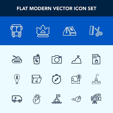 Modern, simple vector icon set with supermarket, transport, compass, camera, hair, trash, bus, mountain, south, glass, rubbish, north, location, salon, nature, pin, panzer, garbage, lens, army icons