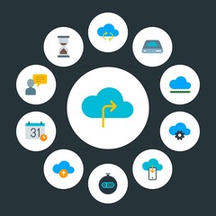cloud and networking, chat and messenger, time Infographic Circle flat Icons Set. Contains such Icons as  minute, download,  mail,  data,  computer, deadline and more. Fully Editable. Pixel Perfect