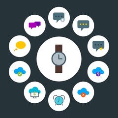 cloud and networking, chat and messenger, time Infographic Circle flat Icons Set. Contains such Icons as data,  cellphone,  concept,  alarm,  wristwatch, cloud and more. Fully Editable. Pixel Perfect
