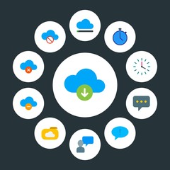 cloud and networking, chat and messenger, time Infographic Circle flat Icons Set. Contains such Icons as  minute,  watch,  information,  time, message,  upload and more. Fully Editable. Pixel Perfect