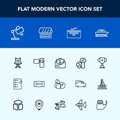 Modern, simple vector icon set with winner, chair, tripod, bowling, entertainment, boat, yacht, ticket, victory, retro, camera, real, mushroom, seat, post, competition, sign, video, cup, lamp icons