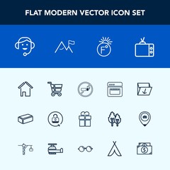 Modern, simple vector icon set with cart, package, material, office, home, equipment, tobacco, kitchen, business, food, shop, oven, retail, screen, tv, giftbox, center, addiction, security, call icons