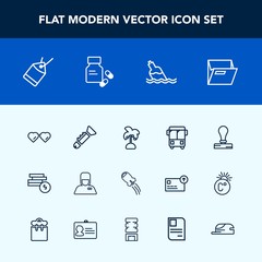 Modern, simple vector icon set with trumpet, bus, stationery, tag, rocket, technology, file, palm, cash, hospitality, craft, fashion, office, bugle, drink, speed, paper, stamp, folder, hotel icons