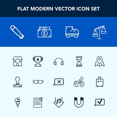 Modern, simple vector icon set with white, sound, award, location, measurement, hourglass, business, stereo, construction, roller, travel, bat, achievement, pin, sunglasses, sun, clock, winner icons