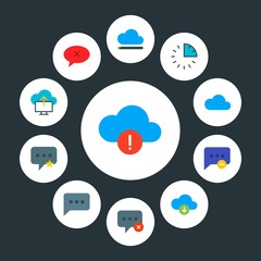 cloud and networking, chat and messenger, time Infographic Circle flat Icons Set. Contains such Icons as  white, cloud,  close, data,  data, message,  sms,  sky and more. Fully Editable. Pixel Perfect